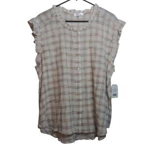 Daily Thread Coral Shadow Plaid Ruffle Sleeveless Button Front Top Casual Sz XS